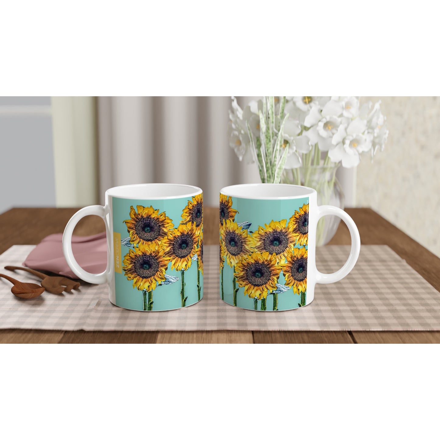 taza decorada por girasoles