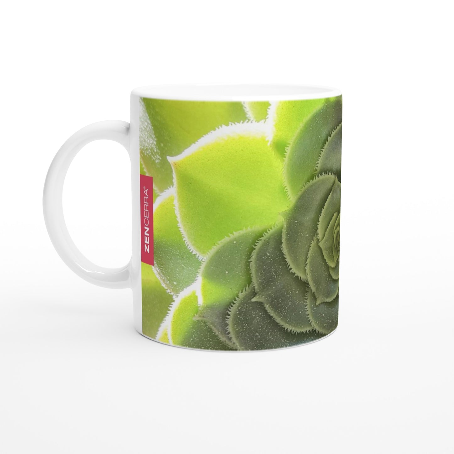 taza decorada con flor de cactus verde