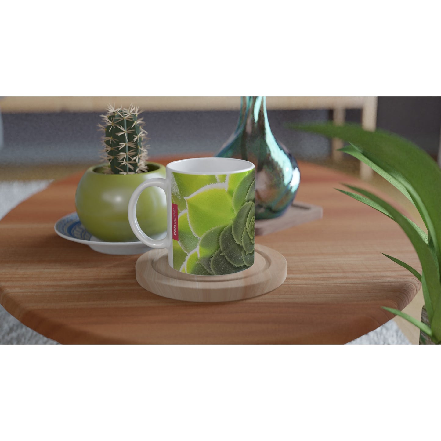 taza decorada con flor de cactus verde