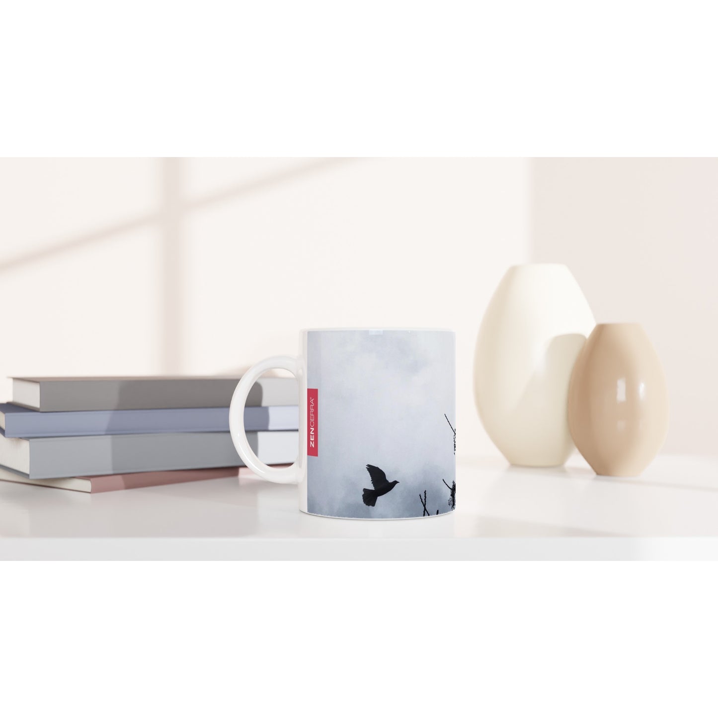 taza decorada por sublimación con imagen natural de palomas en vuelo
