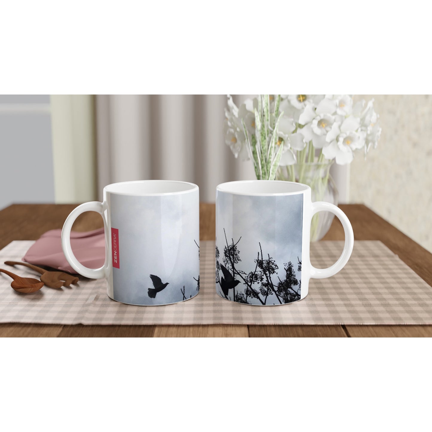 taza decorada por sublimación con imagen natural de palomas en vuelo