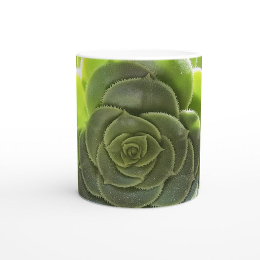 taza decorada con flor de cactus verde