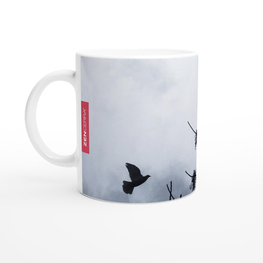 taza decorada por sublimación con imagen natural de palomas en vuelo