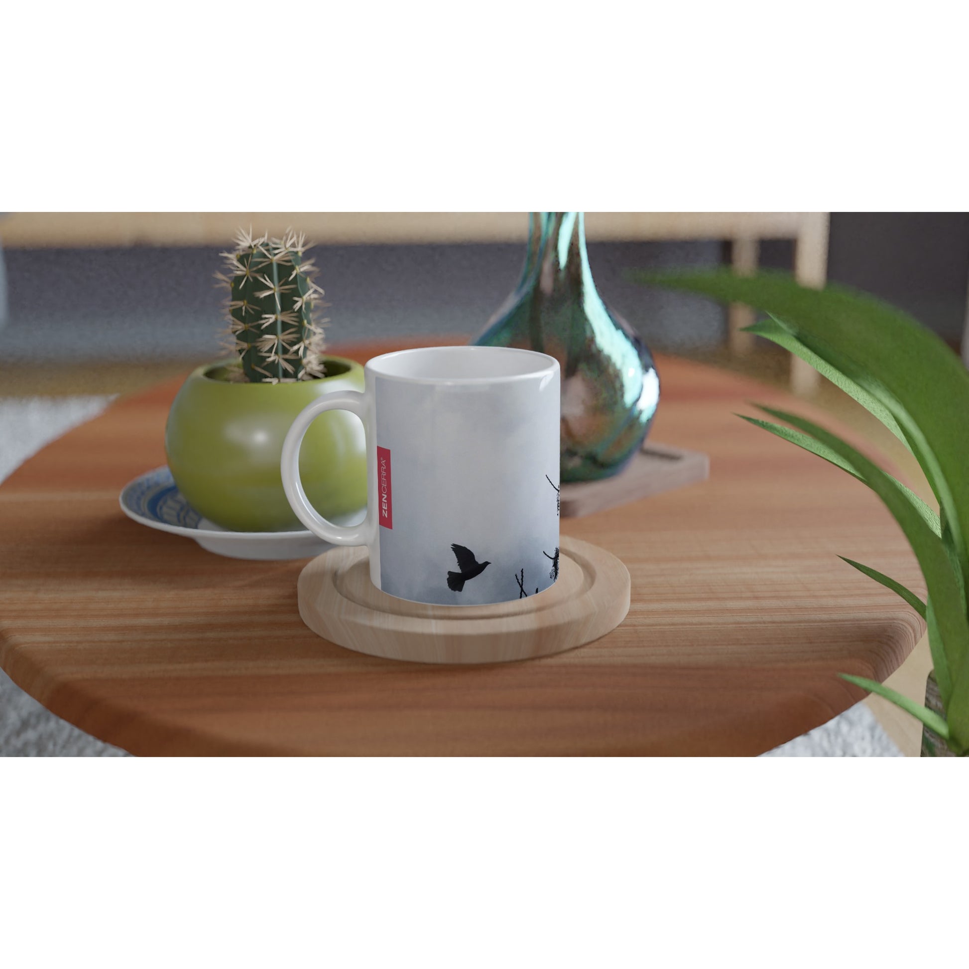 taza decorada por sublimación con imagen natural de palomas en vuelo